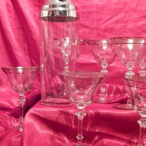 Set of 8 1920's LENOX Crystal Cocktail Glasses, Stemmed, Platinum-Rings, Paneled